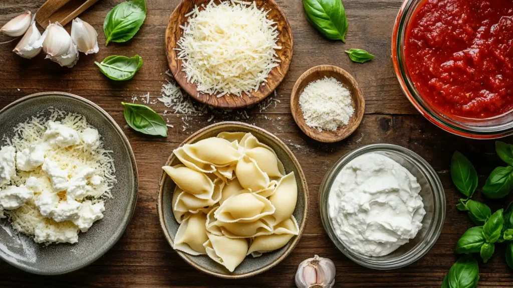 Fresh ingredients for crock pot stuffed pasta shells, including pasta, cheese, sauce, and herbs