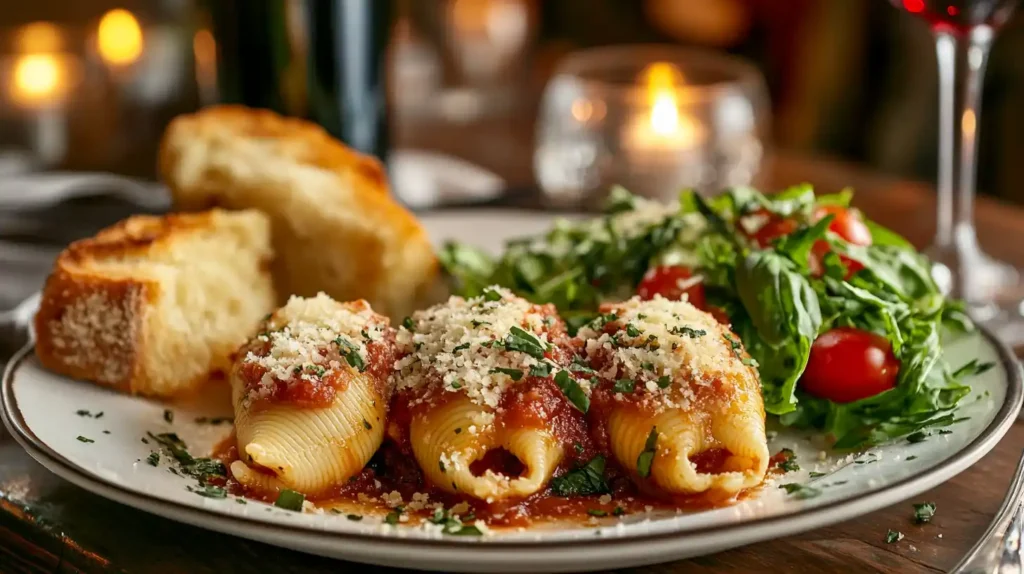 A plate of stuffed pasta shells served with a side of garlic bread and a fresh salad