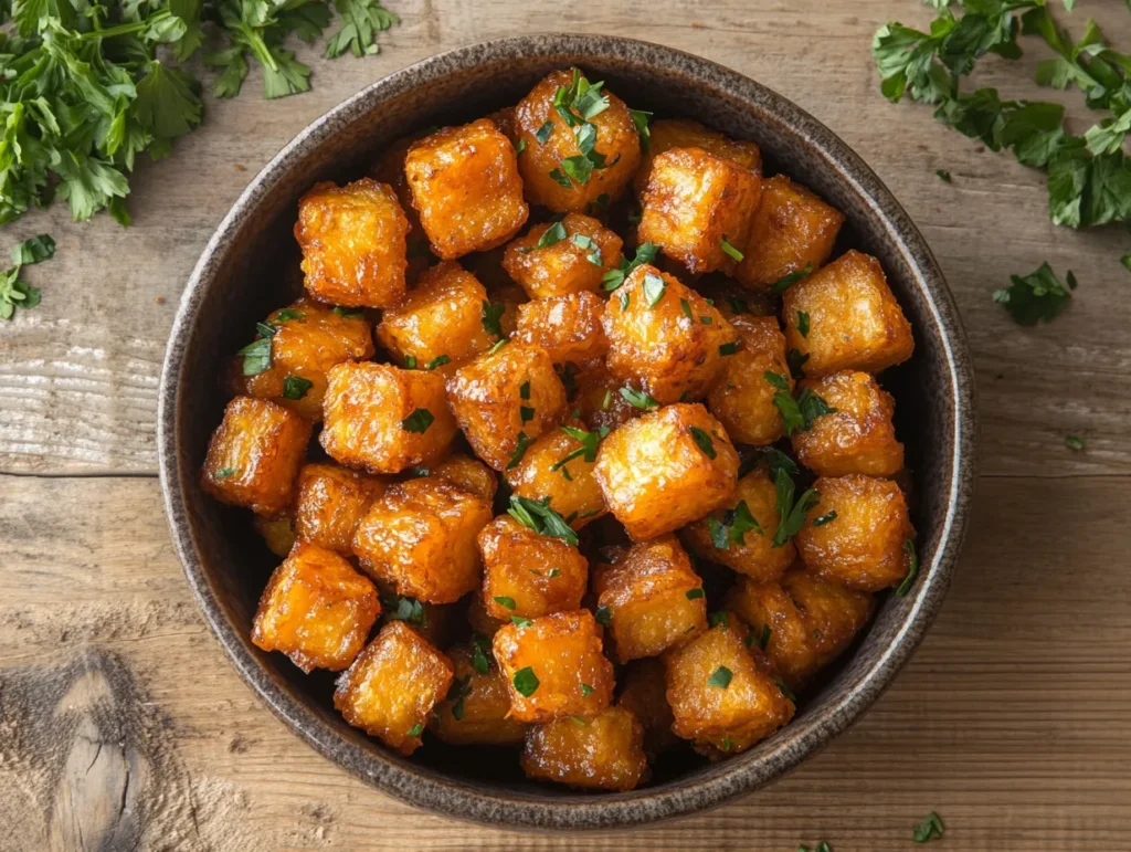 Golden brown cubes of butternut squash cooked in an air fryer.