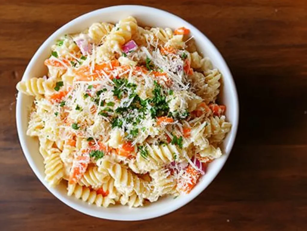 A bowl of colorful pasta salad with fresh vegetables and herbs.