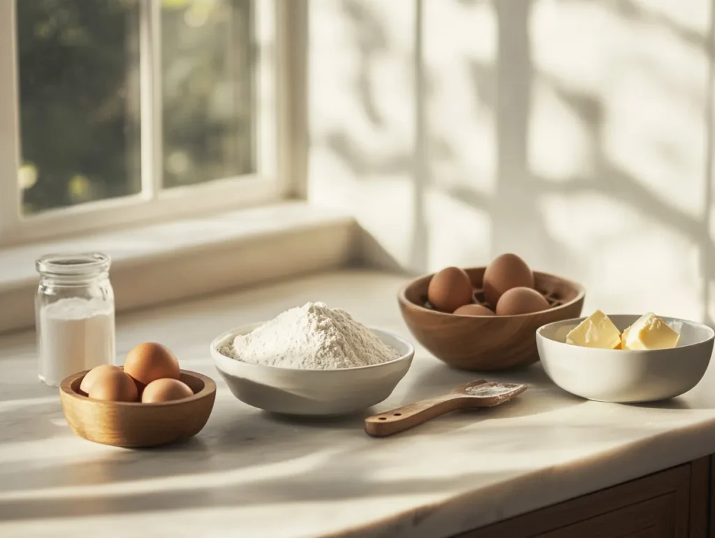 Ingredients for waffle cookies, including flour, eggs, sugar, and butter, arranged on a kitchen countertop.