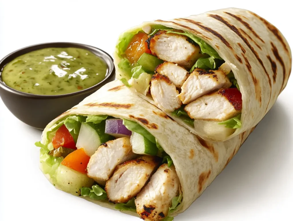 A close-up of a grilled chicken wrap served on a plate.