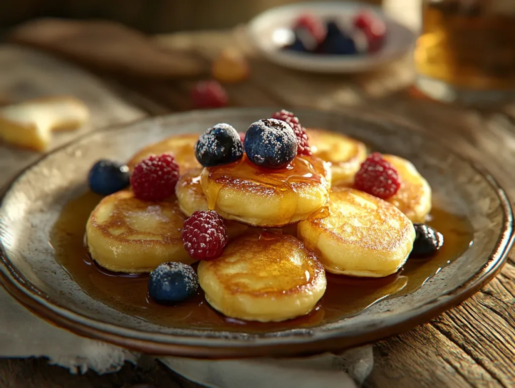Mini pancakes served with syrup and fresh berries.