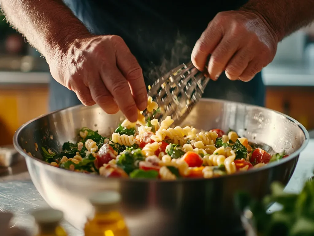 A large bowl with pasta, vegetables, and dressing being tossed together.