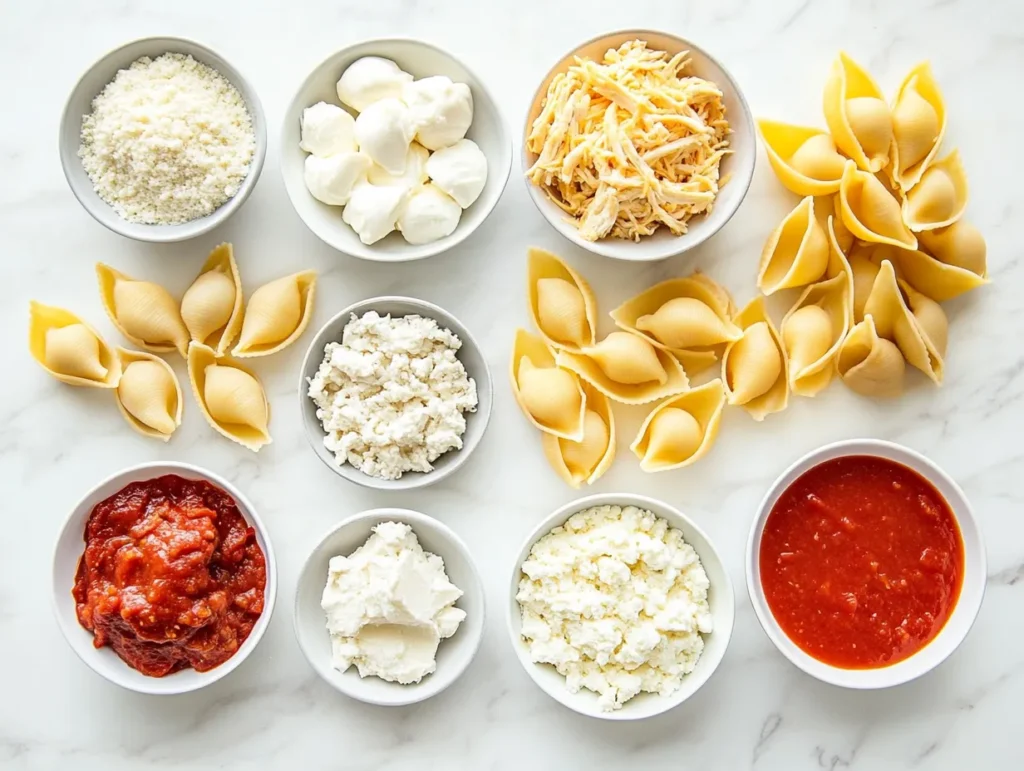Ingredients for chicken stuffed shells, including jumbo pasta shells, chicken, cheese, and marinara sauce.