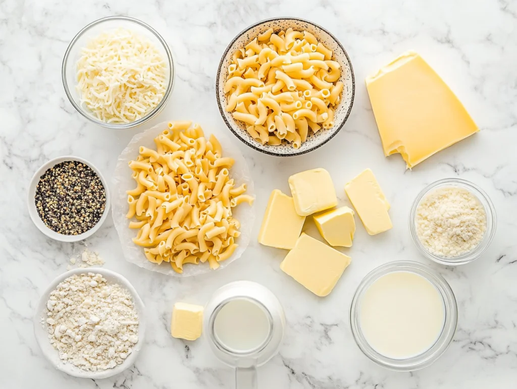 Ingredients for a homemade mac and cheese recipe, including pasta, cheese, butter, and milk.