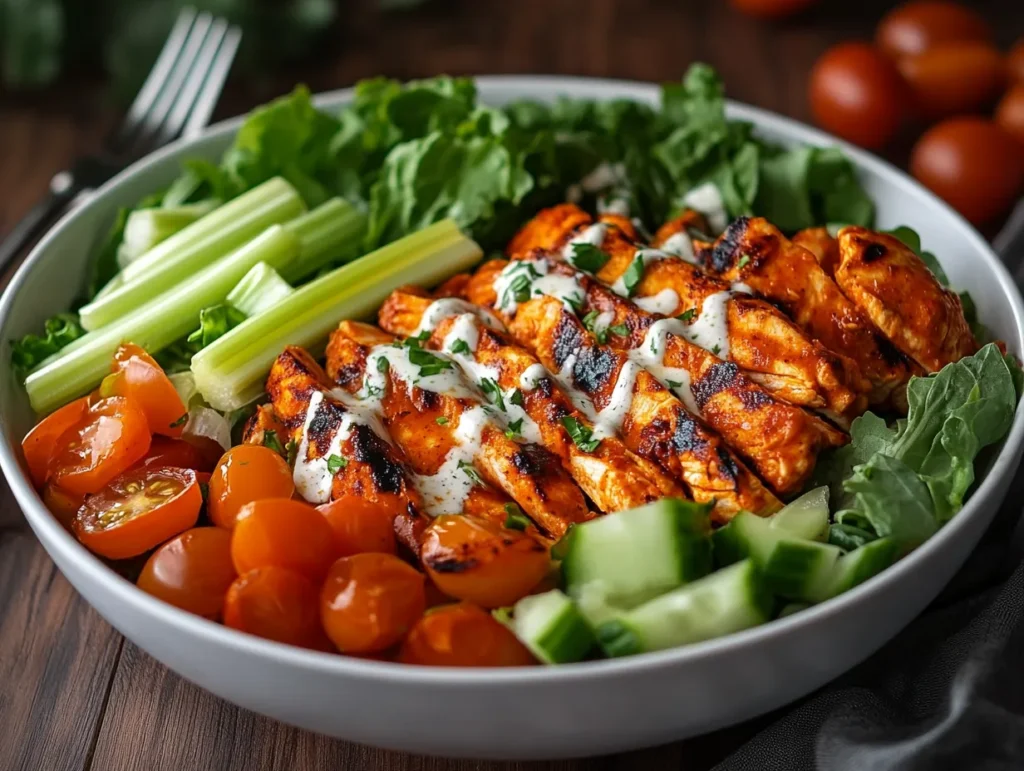 Buffalo chicken salad in a bowl with vibrant greens and dressing