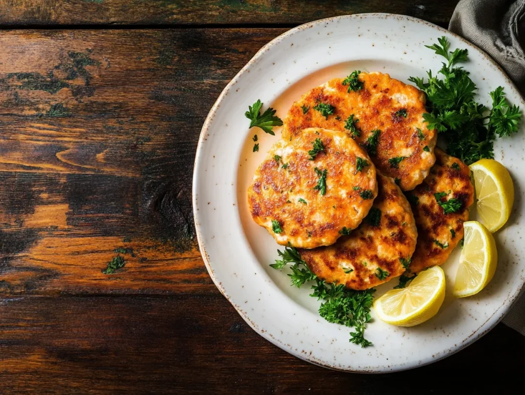 A plate of golden-brown salmon patties garnished with fresh parsley and lemon wedges.