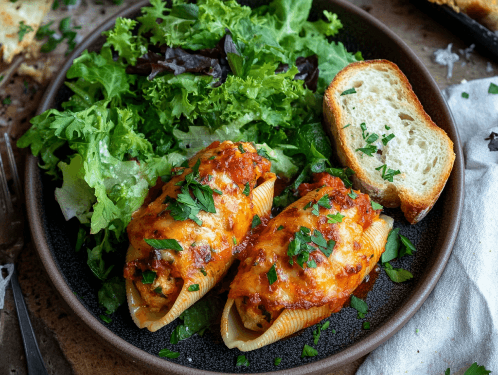 A plate of chicken stuffed shells served with a side salad and garlic bread.
