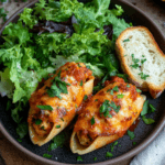 A plate of chicken stuffed shells served with a side salad and garlic bread.