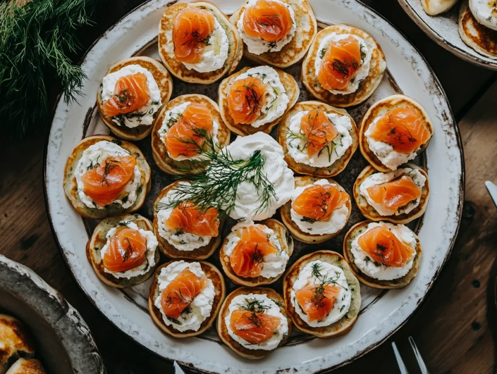 Savory mini pancakes topped with smoked salmon and cream cheese.