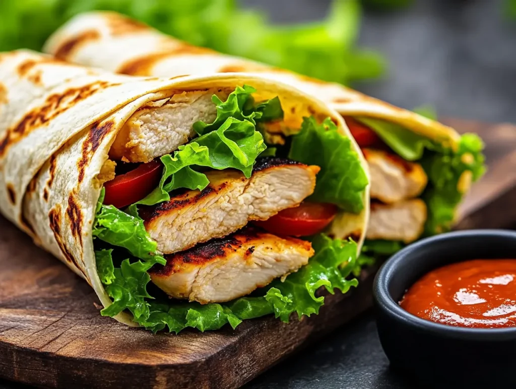 Grilled chicken wrap with fresh vegetables and sauce.