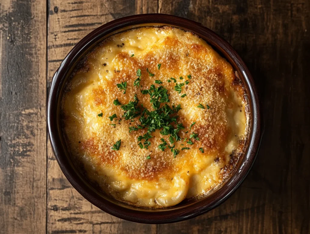 A bowl of creamy mac and cheese with a golden crust and parsley garnish.