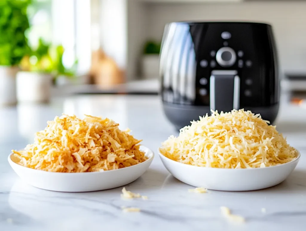A comparison of fresh and frozen shredded hash browns prepared for air frying.