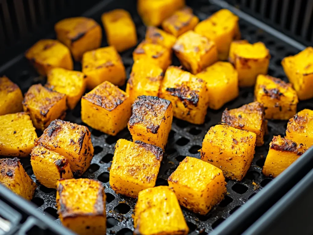 Freshly cut butternut squash cubes on a wooden cutting board.