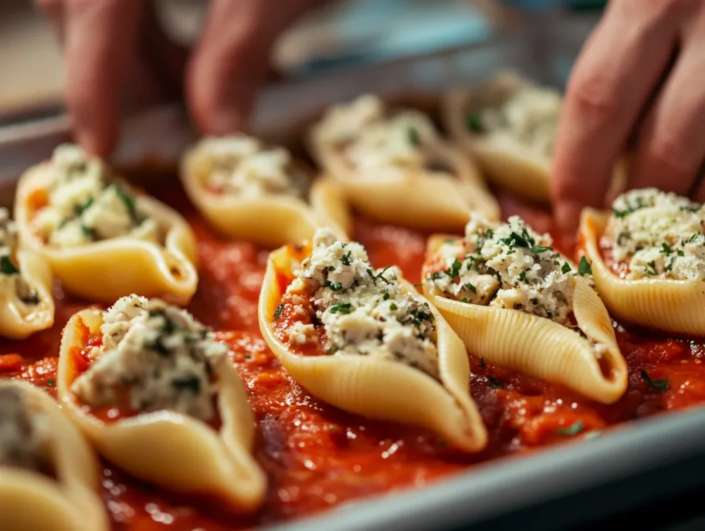 Pasta shells being stuffed with chicken and cheese filling on a baking tray.