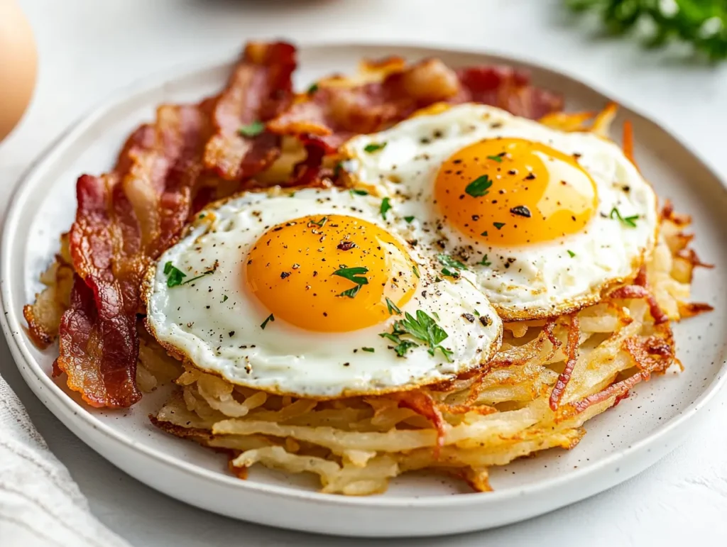 A plate of crispy air fryer hash browns served with eggs and bacon for breakfast.