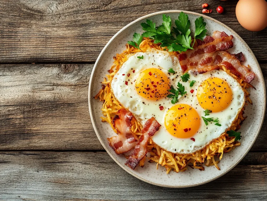 Crispy air fryer shredded hash browns served with eggs and bacon.