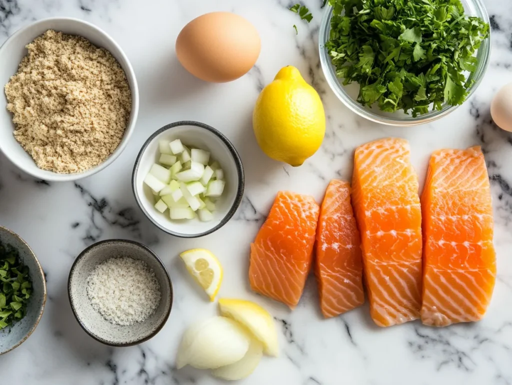 Ingredients for salmon patties, including canned salmon, eggs, breadcrumbs, and chopped onions, on a kitchen counter.