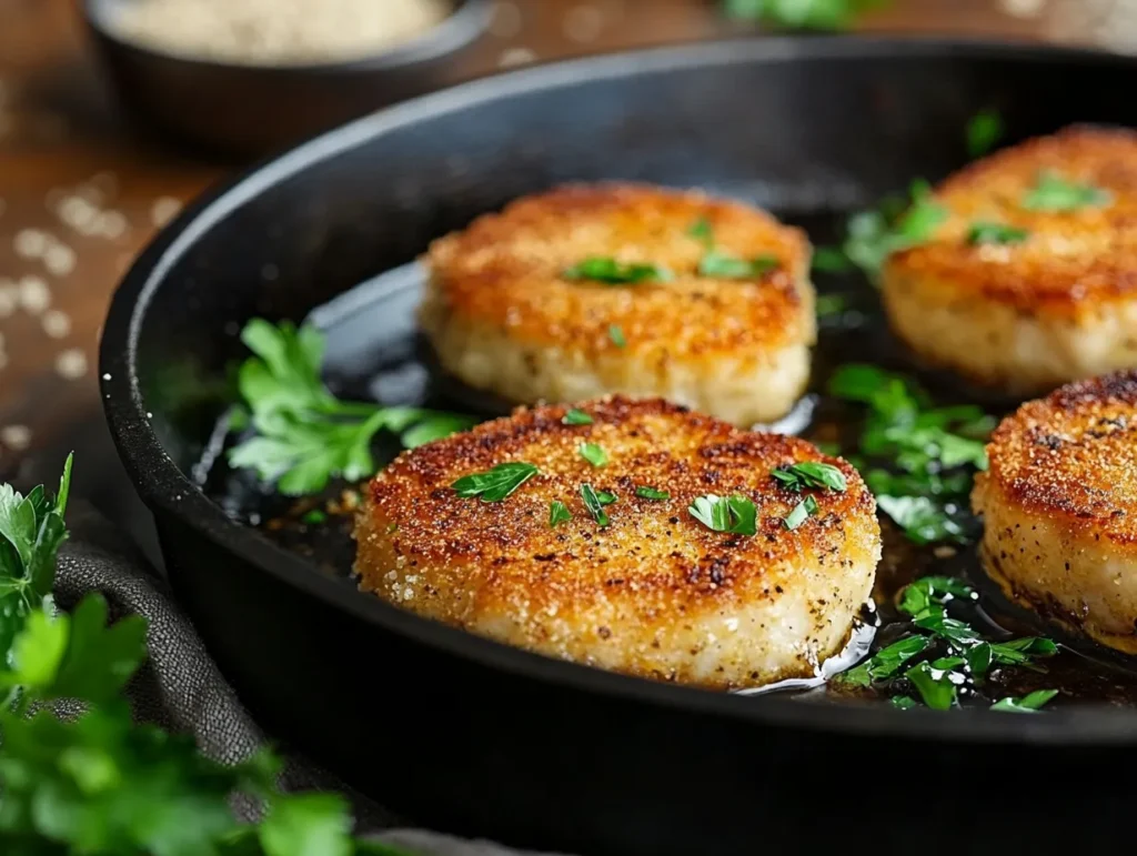 Salmon patties frying in a cast iron skillet with a spatula nearby.