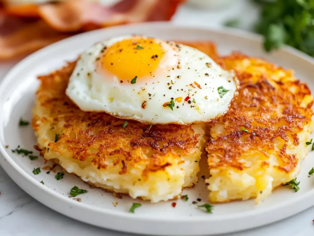 Golden, crispy frozen hashbrowns cooked in an air fryer, served with eggs and bacon.