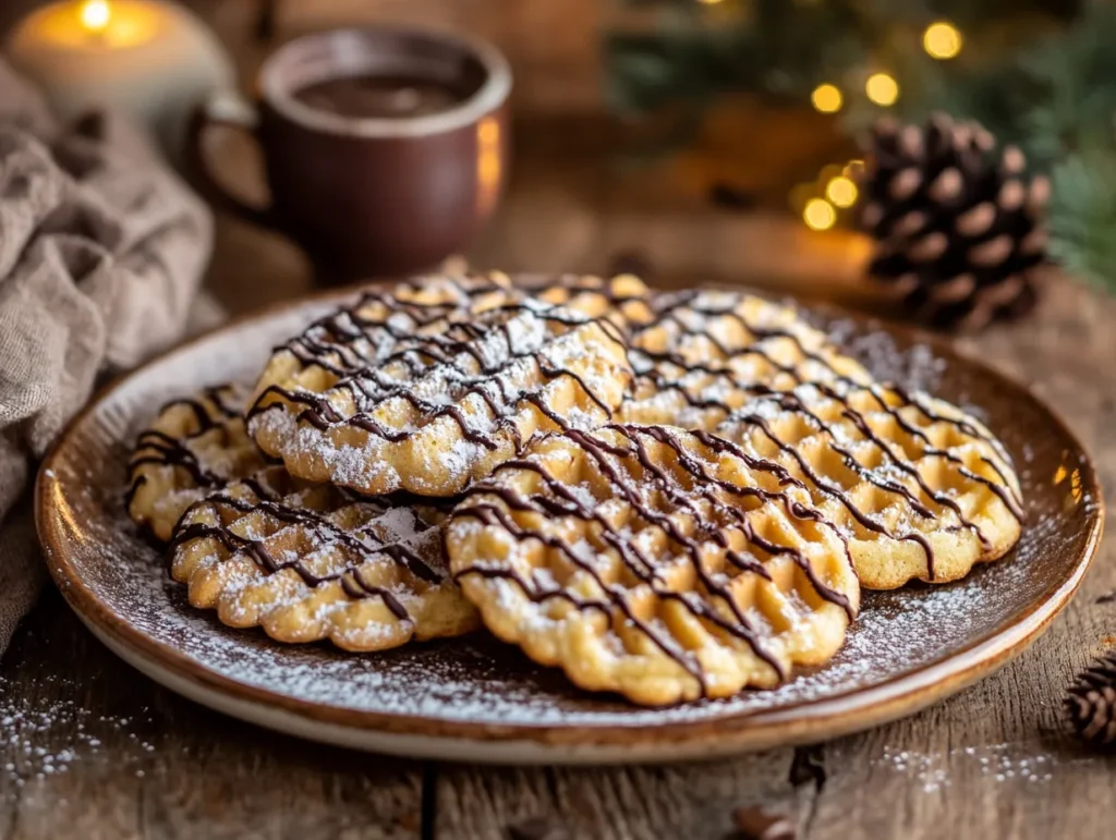 Golden waffle cookies arranged on a plate, garnished with chocolate drizzle and powdered sugar.