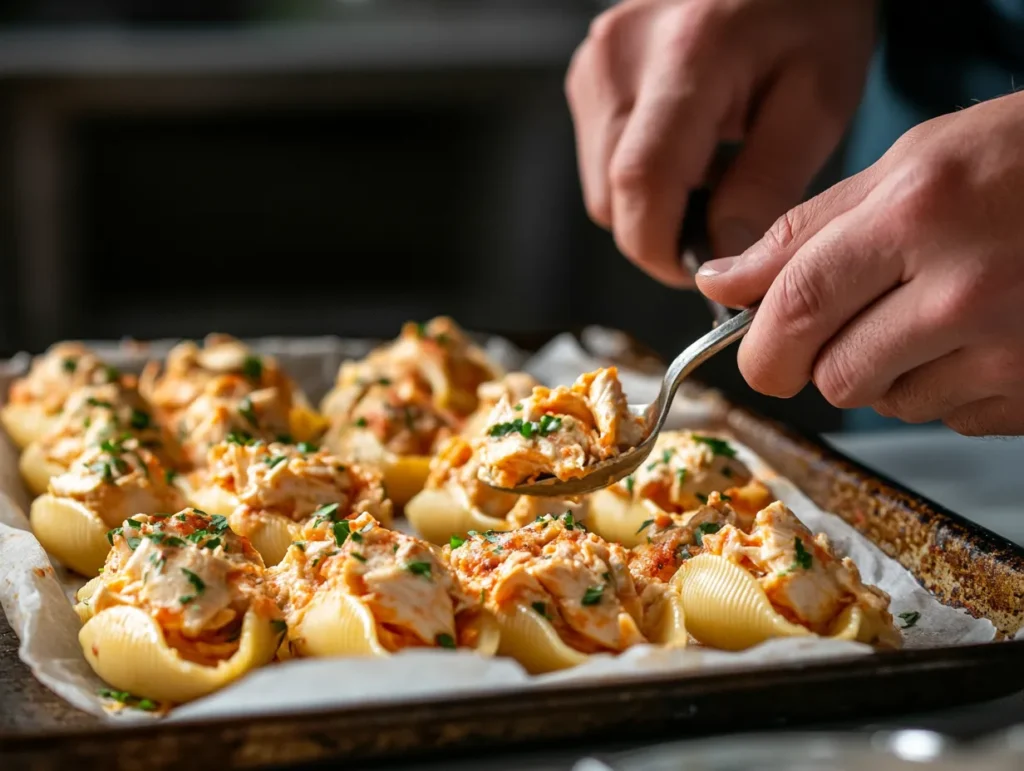 Hands stuffing pasta shells with chicken filling.