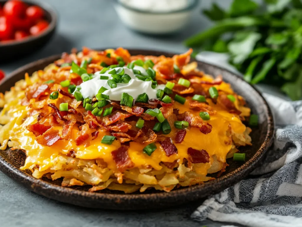 Loaded hashbrowns topped with cheese, bacon, and sour cream.