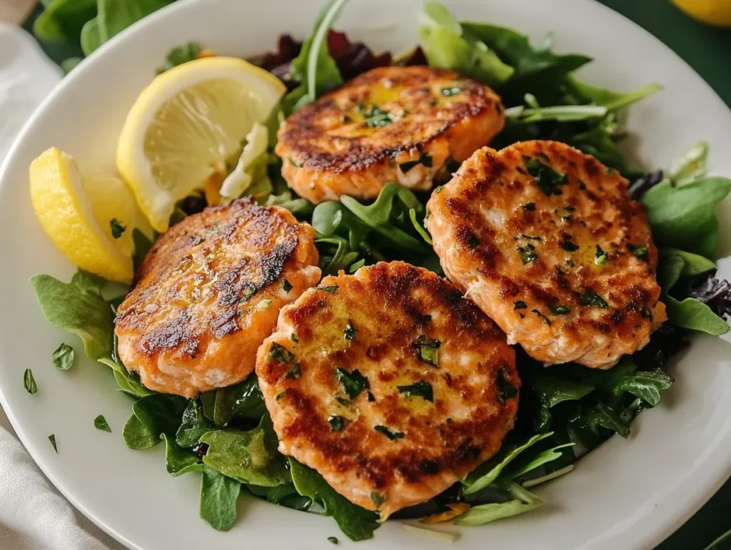 Salmon patties served with roasted vegetables and a side salad.