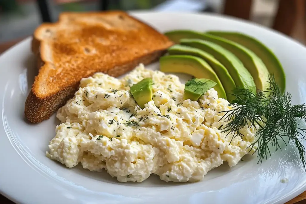 Scrambled eggs with cottage cheese served with avocado and toast