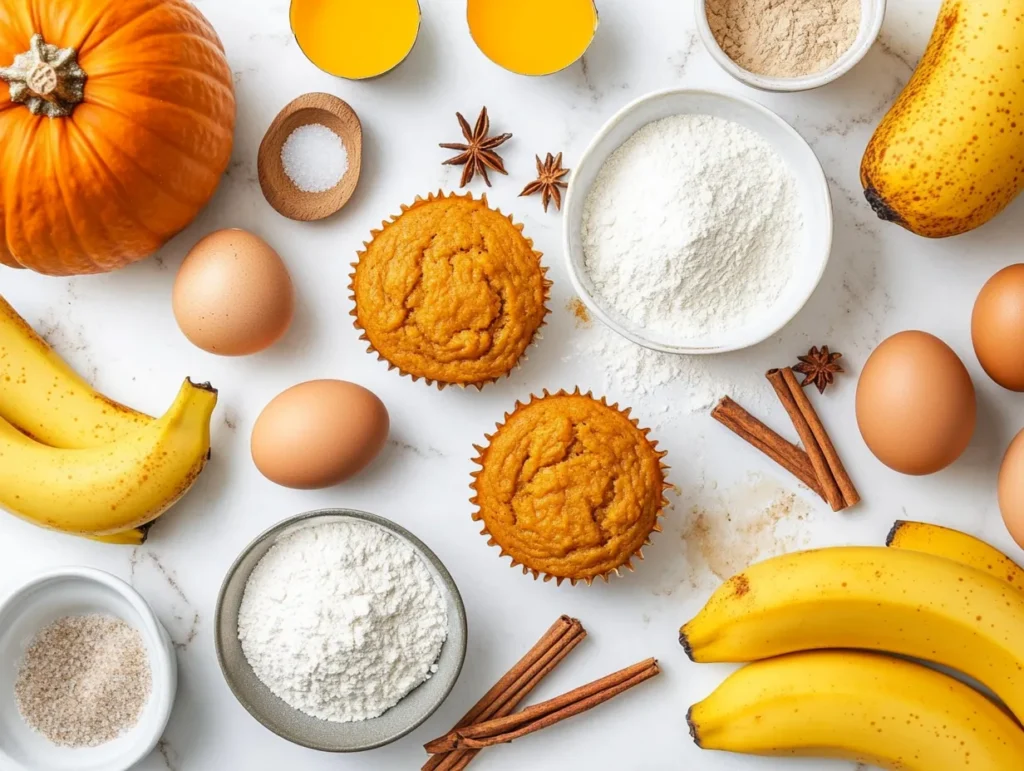 Ingredients for pumpkin banana muffins arranged on a kitchen counter