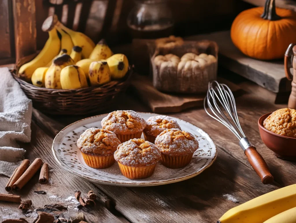 Freshly baked pumpkin banana muffins on a wooden table