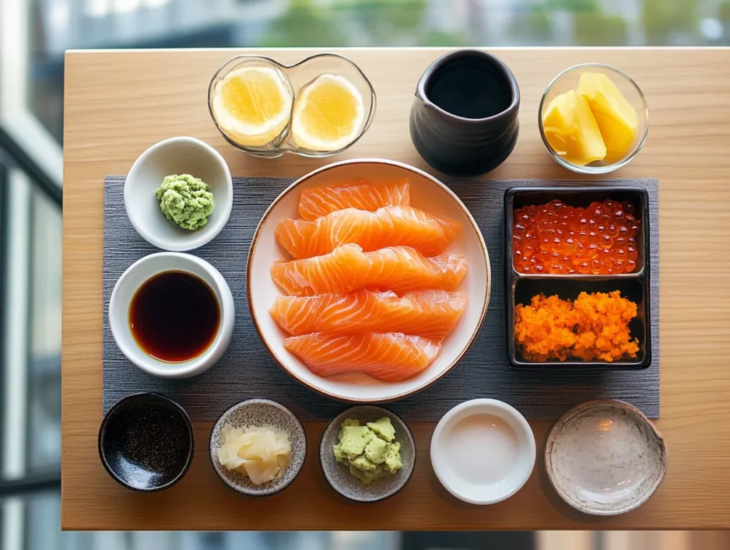 Freshly prepared salmon sashimi slices on a decorative plate