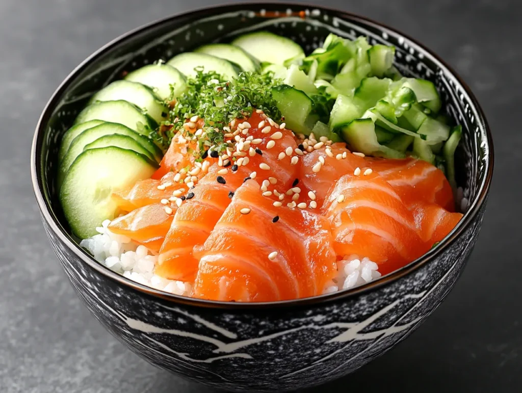 A fresh poke-style salmon bowl with raw salmon and toppings