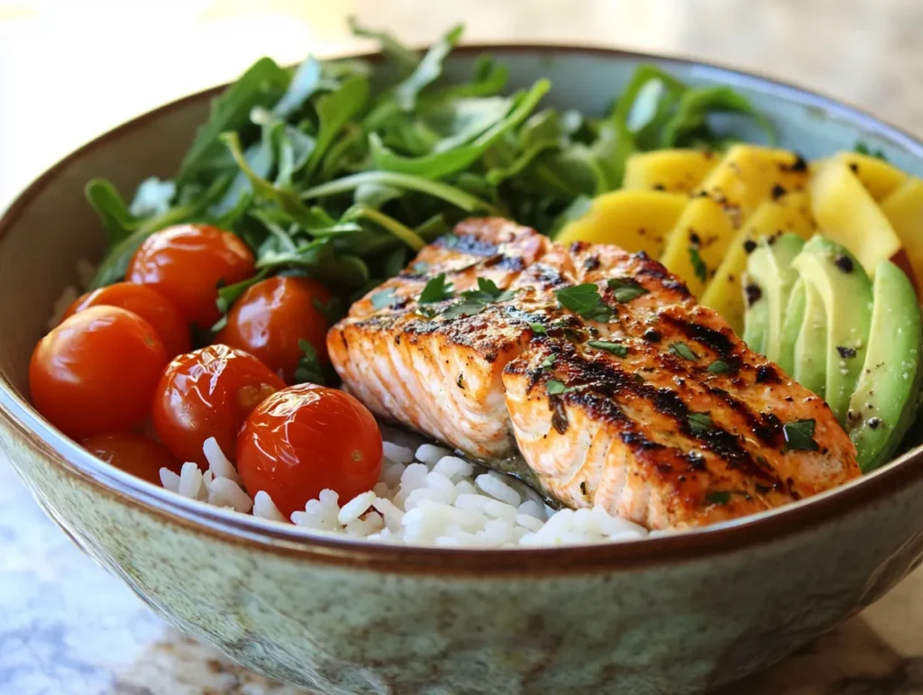 A vibrant salmon bowl with fresh ingredients