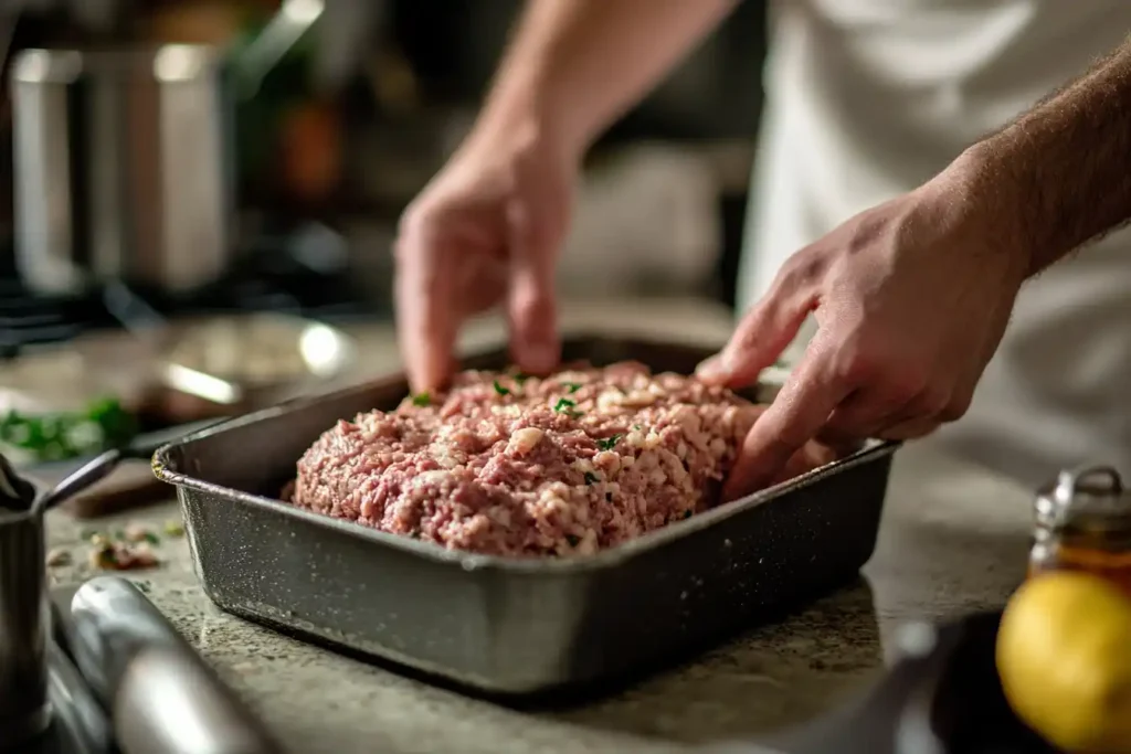 A close-up of hands shaping a meatloaf mixture in a loaf pan.