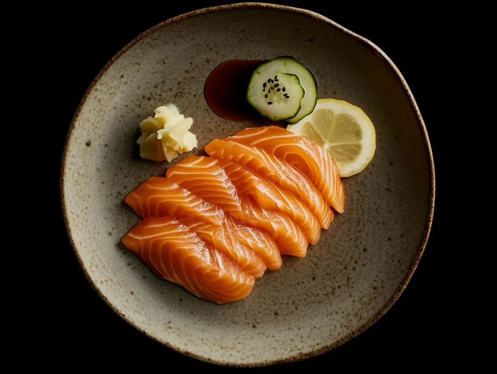 Freshly prepared salmon sashimi slices on a decorative plate