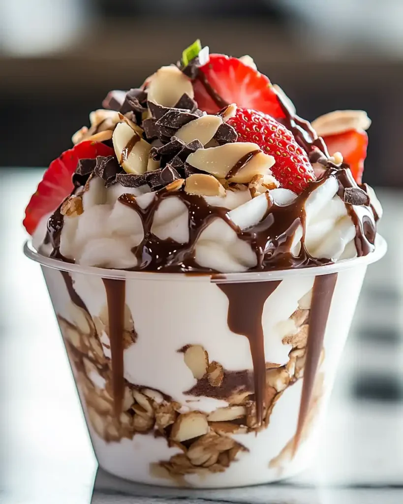 A perfectly swirled frozen yogurt cup with balanced toppings, sitting on a marble counter.