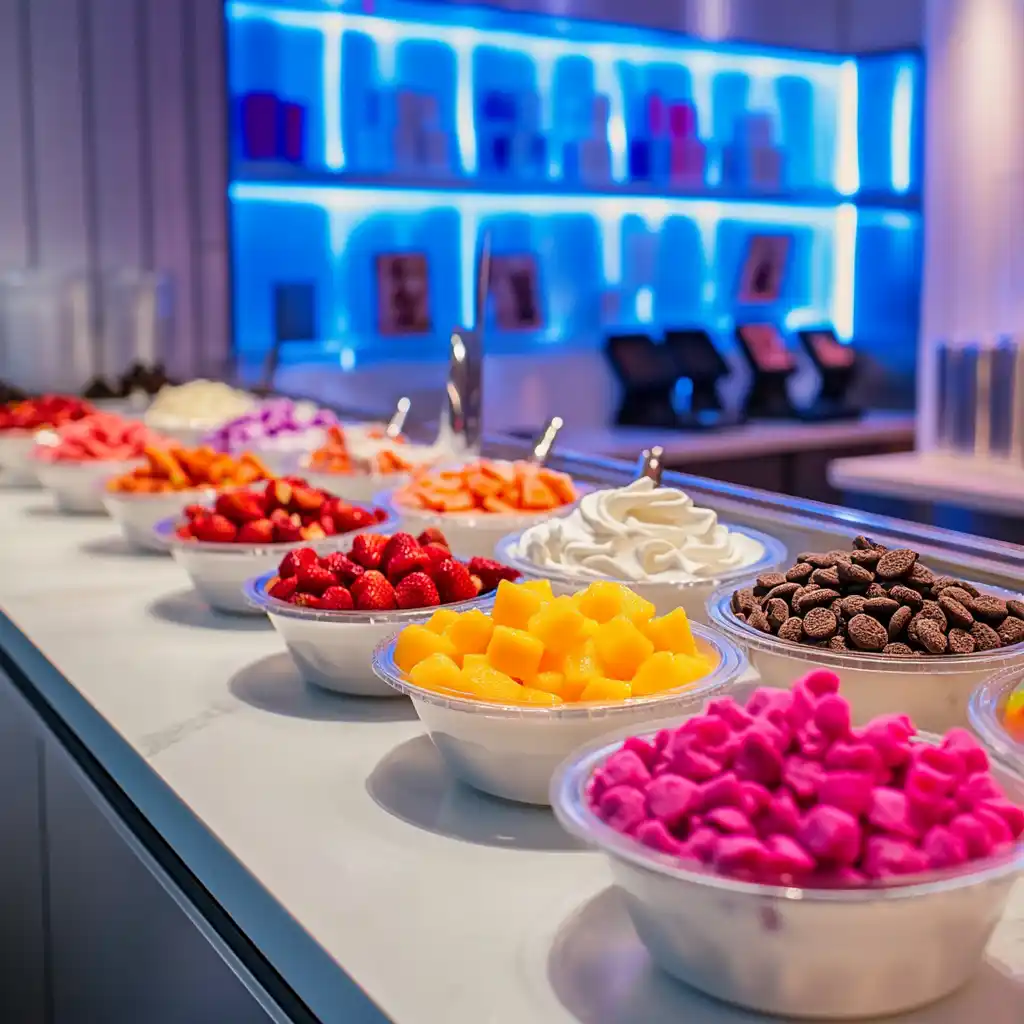 A frozen yogurt topping buffet featuring fresh fruits, candies, nuts, and sauces in separate containers.