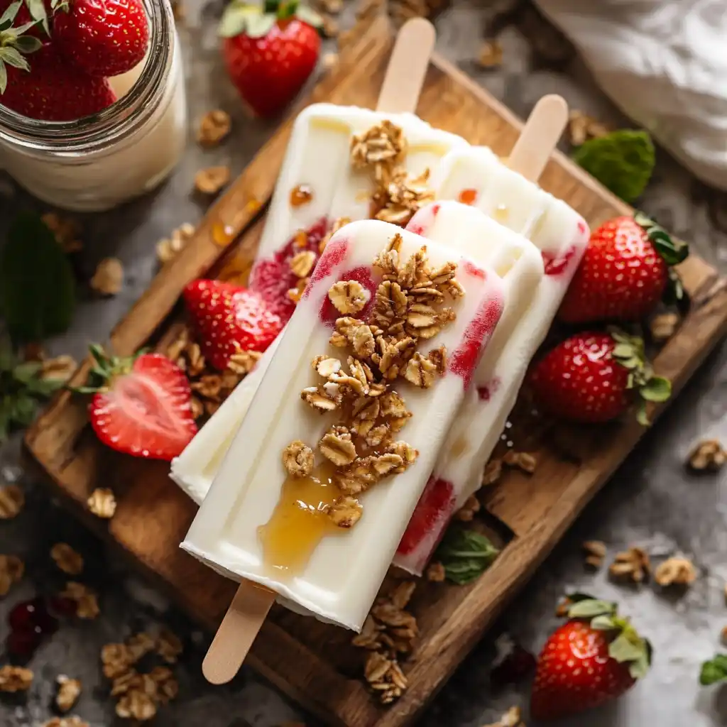 Homemade frozen yogurt popsicles and a layered yogurt parfait in a glass jar with fruits and granola.