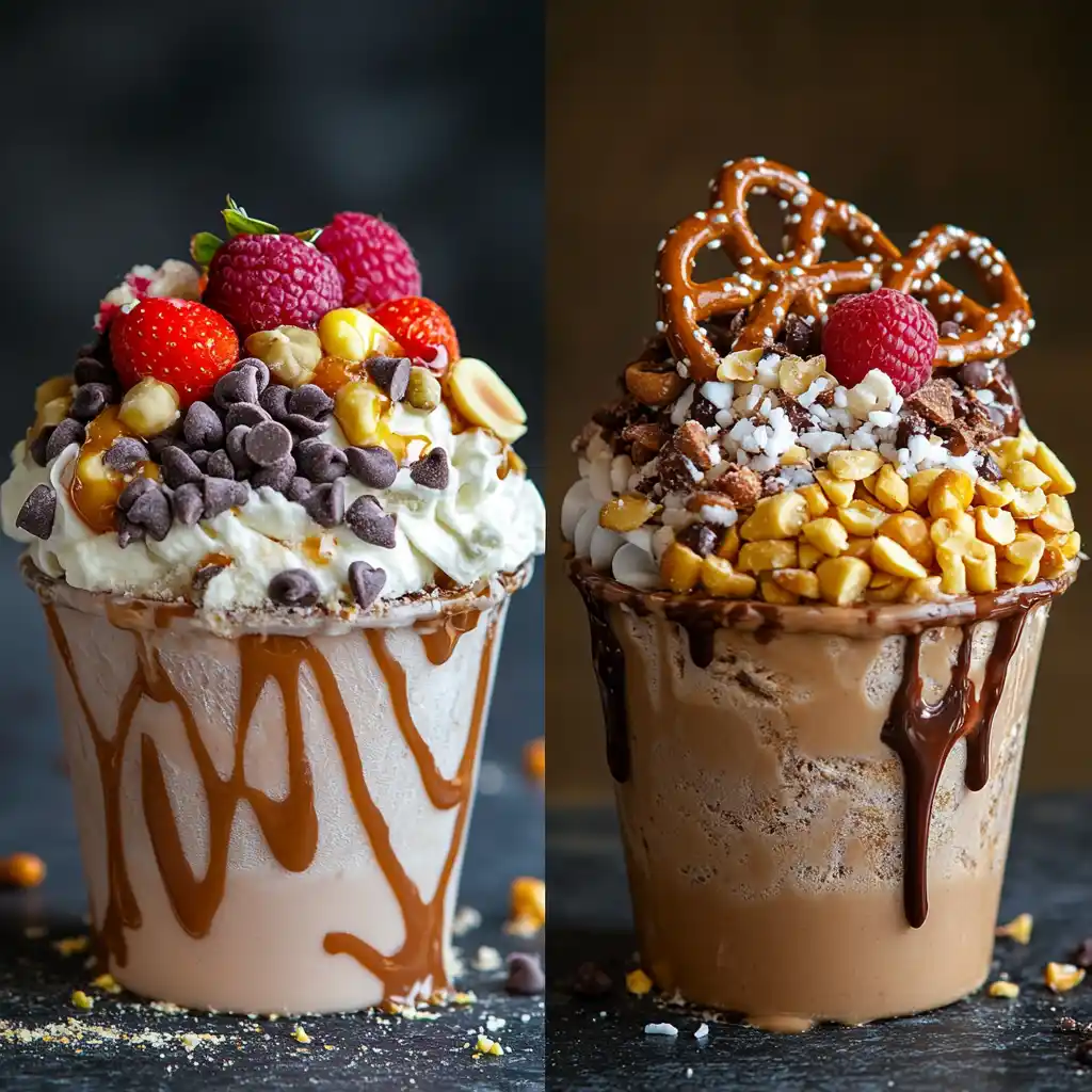 Side-by-side comparison of sweet and savory frozen yogurt toppings, including fruit, chocolate, pretzels, and nuts.