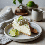 Slice of Key Lime No-Bake Cheesecake with lime garnish on white plate