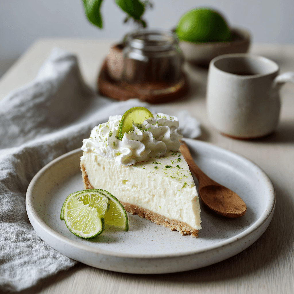 Slice of Key Lime No-Bake Cheesecake with lime garnish on white plate