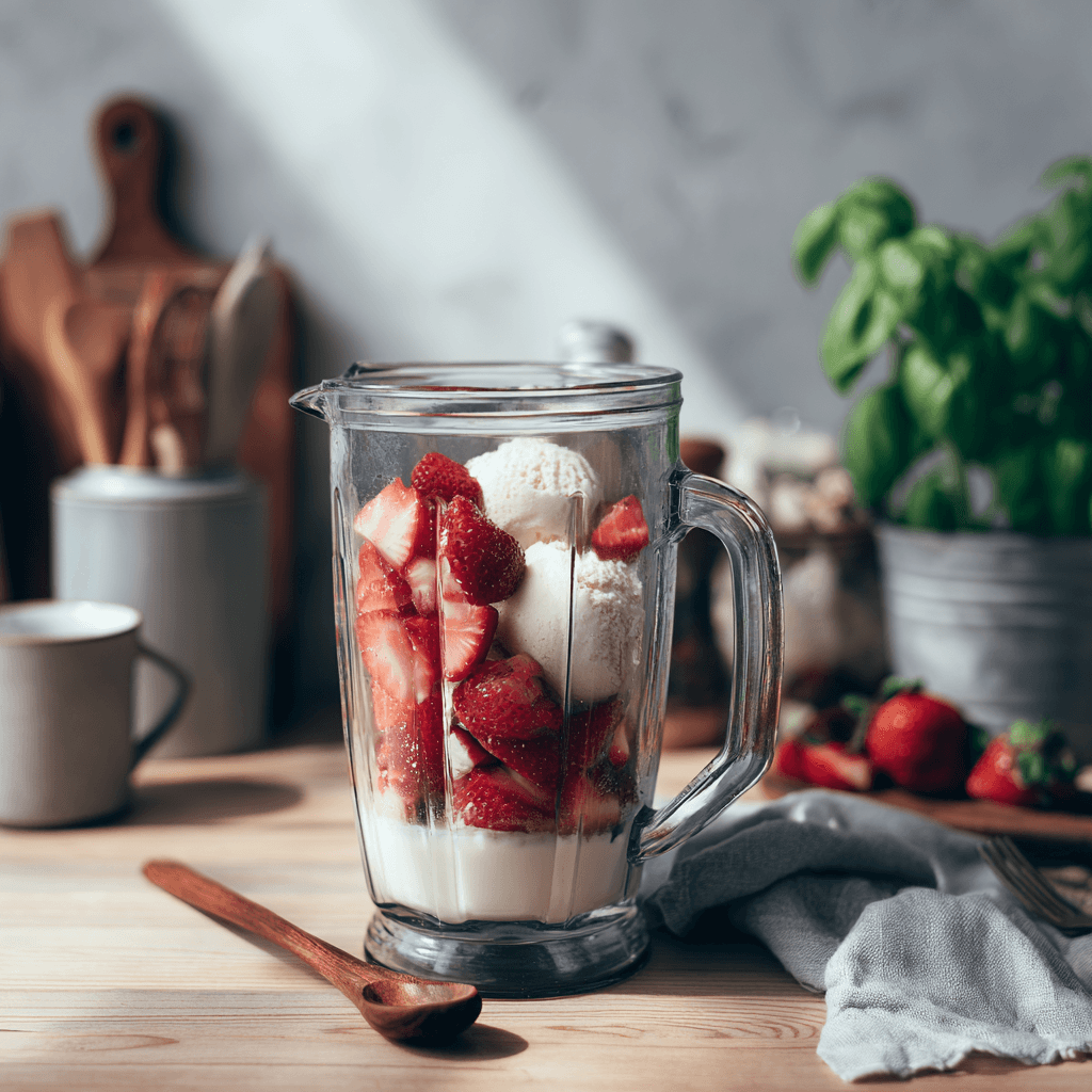 Blending fresh strawberries and cream cheese for shake
