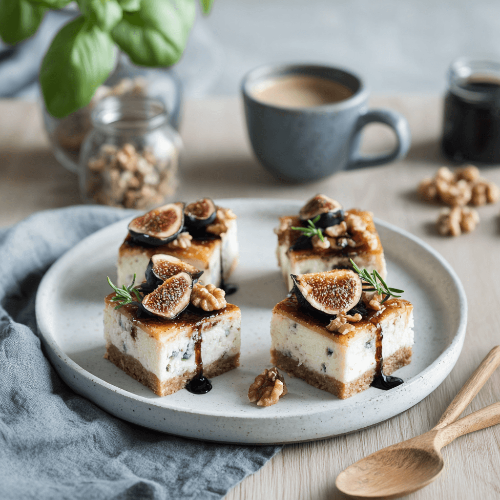 Blue cheese cheesecake slices with different toppings