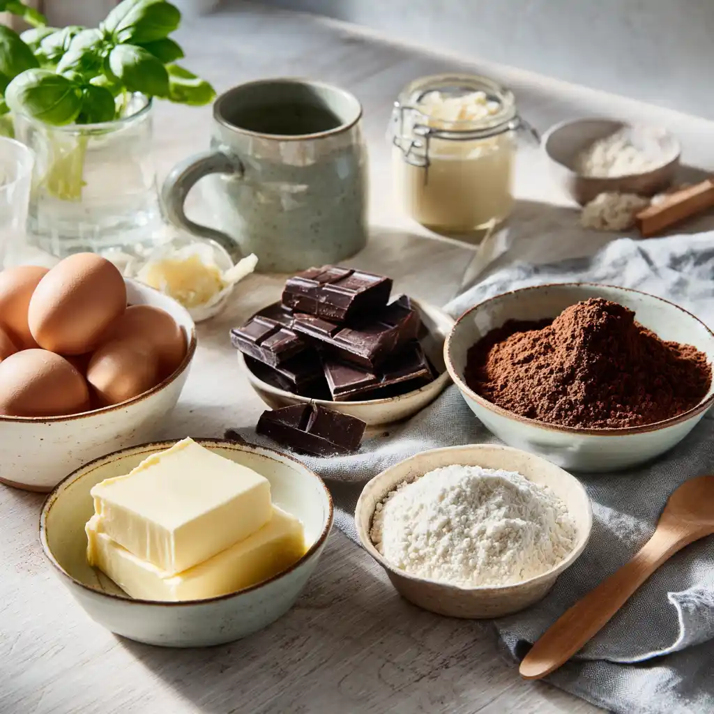 Ingredients for Cheesecake and Brownie Cake arranged in ceramic bowls