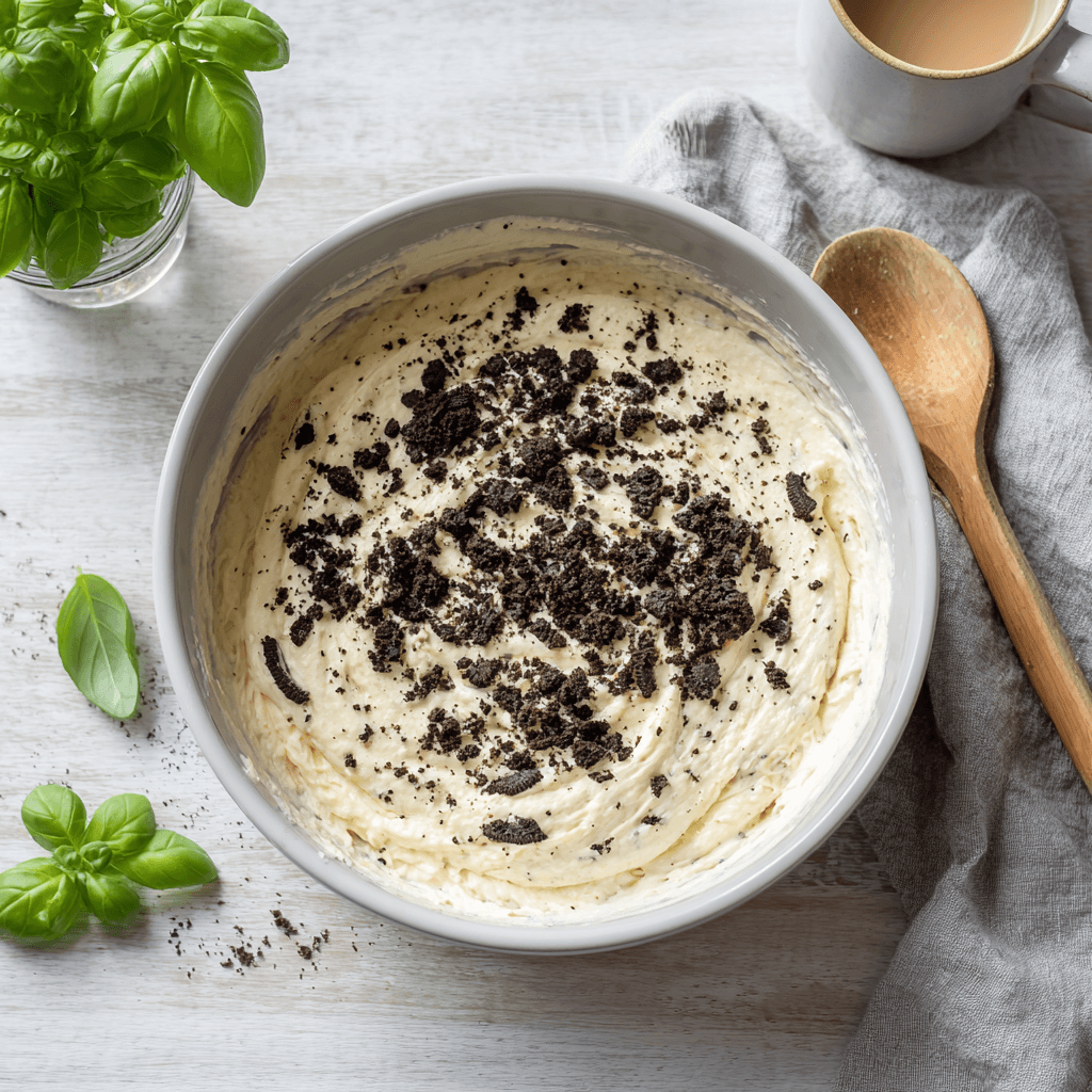 Cheesecake batter with cookie chunks in mixing bowl