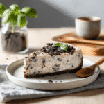 Cookies 'n Cream Cheesecake on white plate with cookie garnish