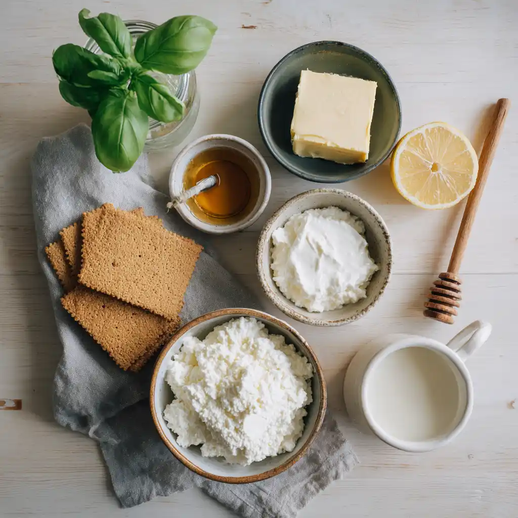 Ingredients for Cottage Cheese Cheesecake No Bake on wooden table