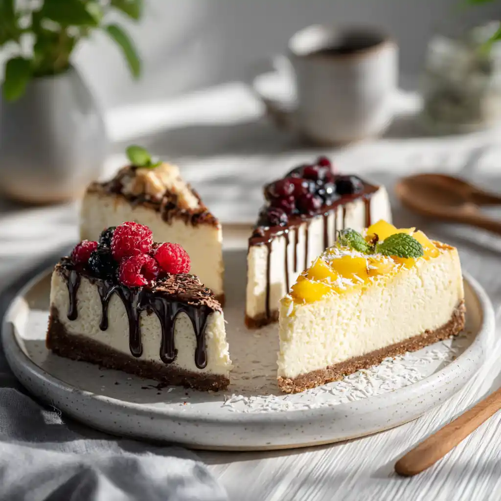 Four slices of Cottage Cheese Cheesecake No Bake with different toppings
